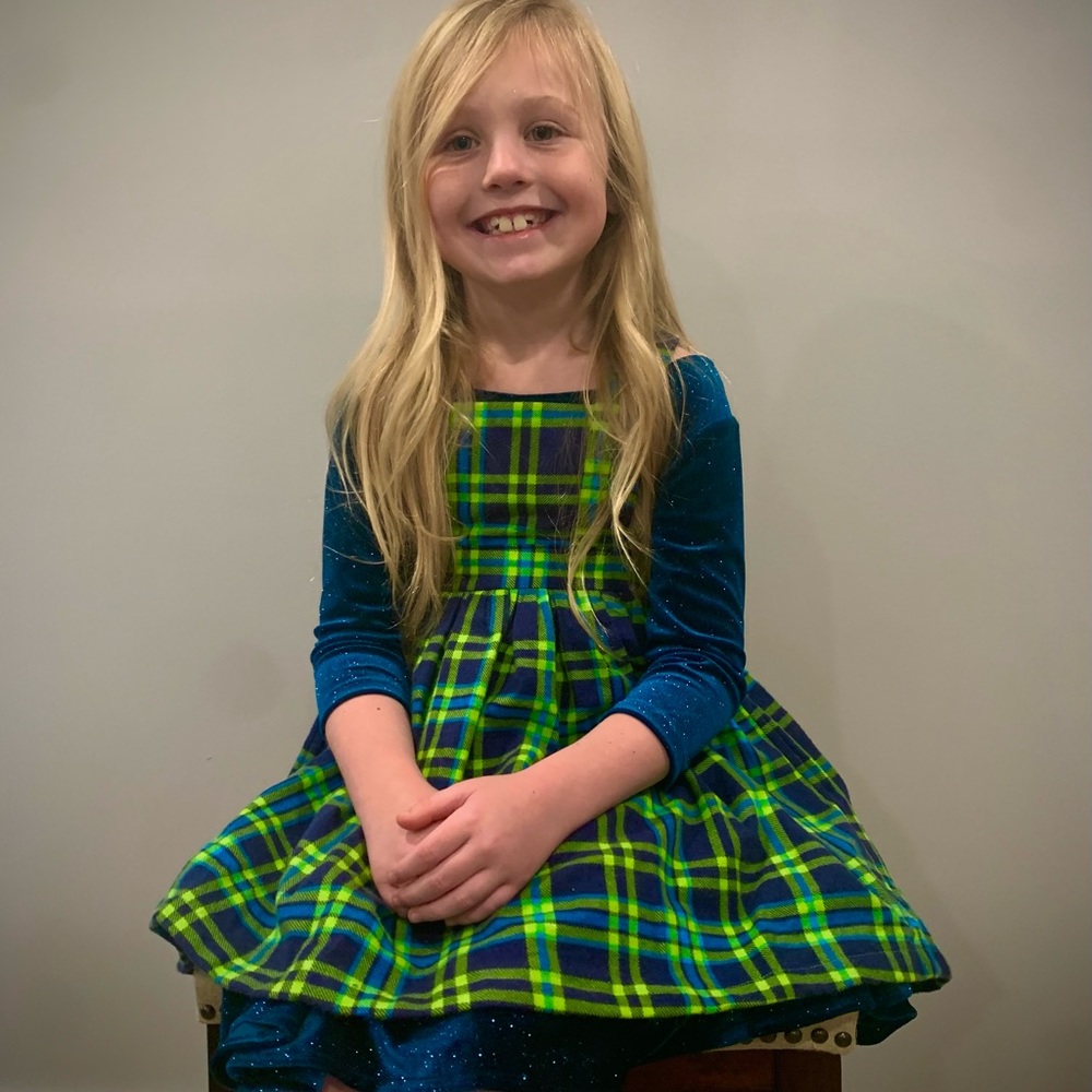Girls Green and Navy Plaid Pinafore